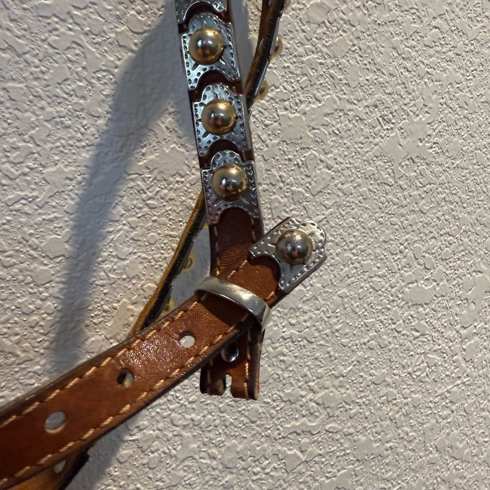 Brown Leather Western Belt with Silver Tone & Brass Tone Accents 30 inch to 33.5